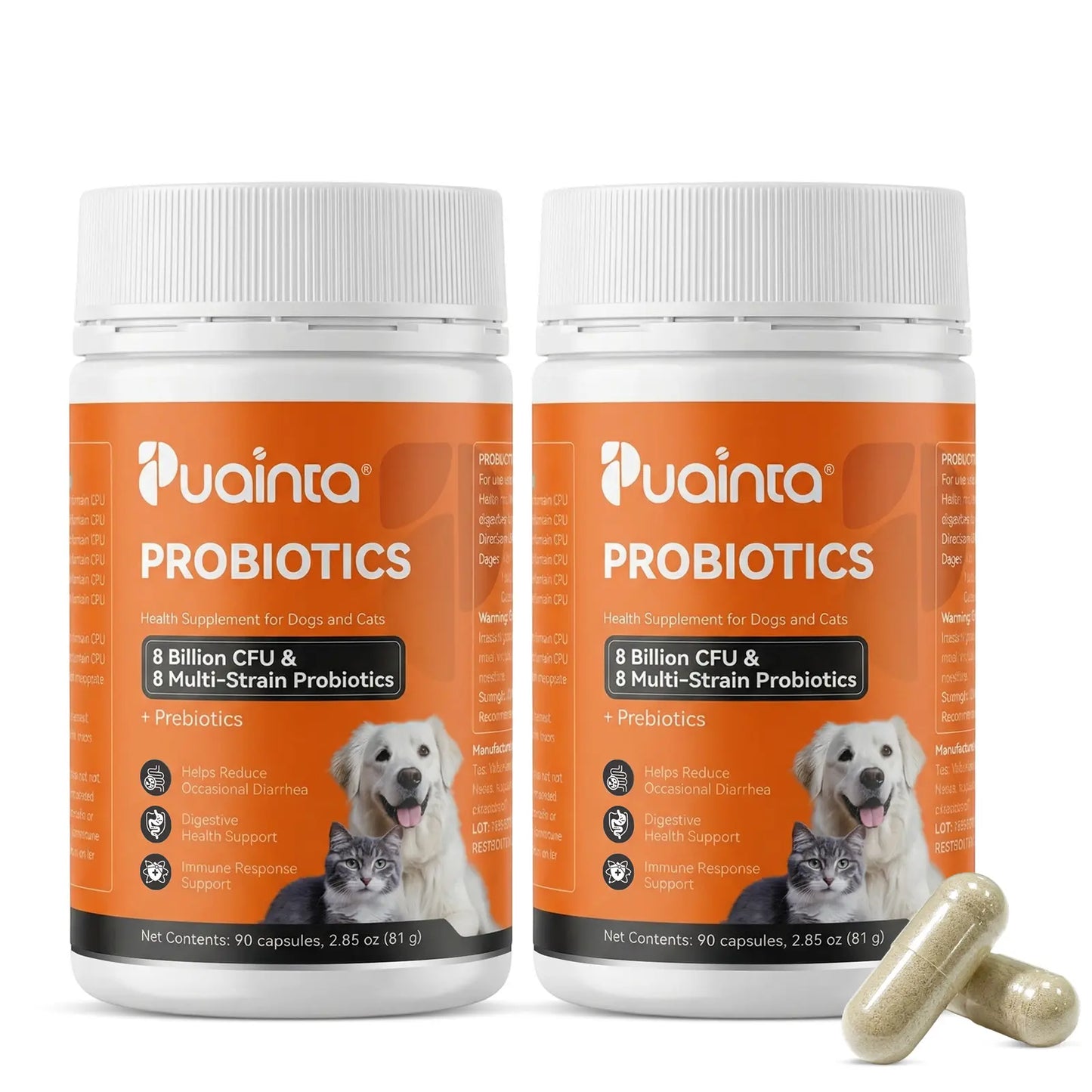 Puainta Probiotics for Dogs and Cats: 8 Billion CFU Digestive and Immune Support with Multi-Strain Spore-Forming Formula, Prebiotics, Gut-Lining Support, and Skin Health for Sensitive Stomachs