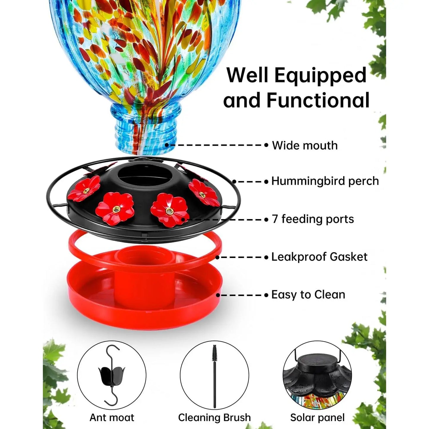 Solar Hummingbird Feeder - 49 Fl.Oz Hand Blown Glass Color Changing - 7 Feeding Ports with Perch - Never Leak - Hummingbird Feeder for Outdoors Hanging (Blue)