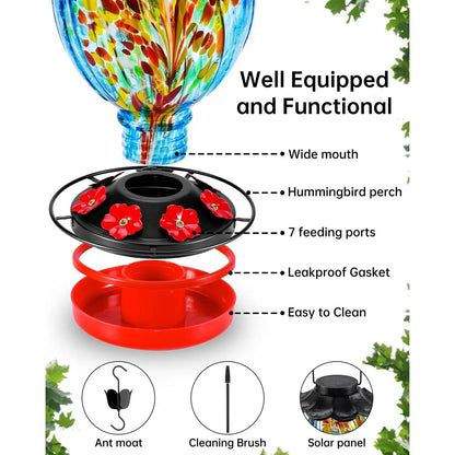 Solar Hummingbird Feeder - 49 Fl.Oz Hand Blown Glass Color Changing - 7 Feeding Ports with Perch - Never Leak - Hummingbird Feeder for Outdoors Hanging (Blue)