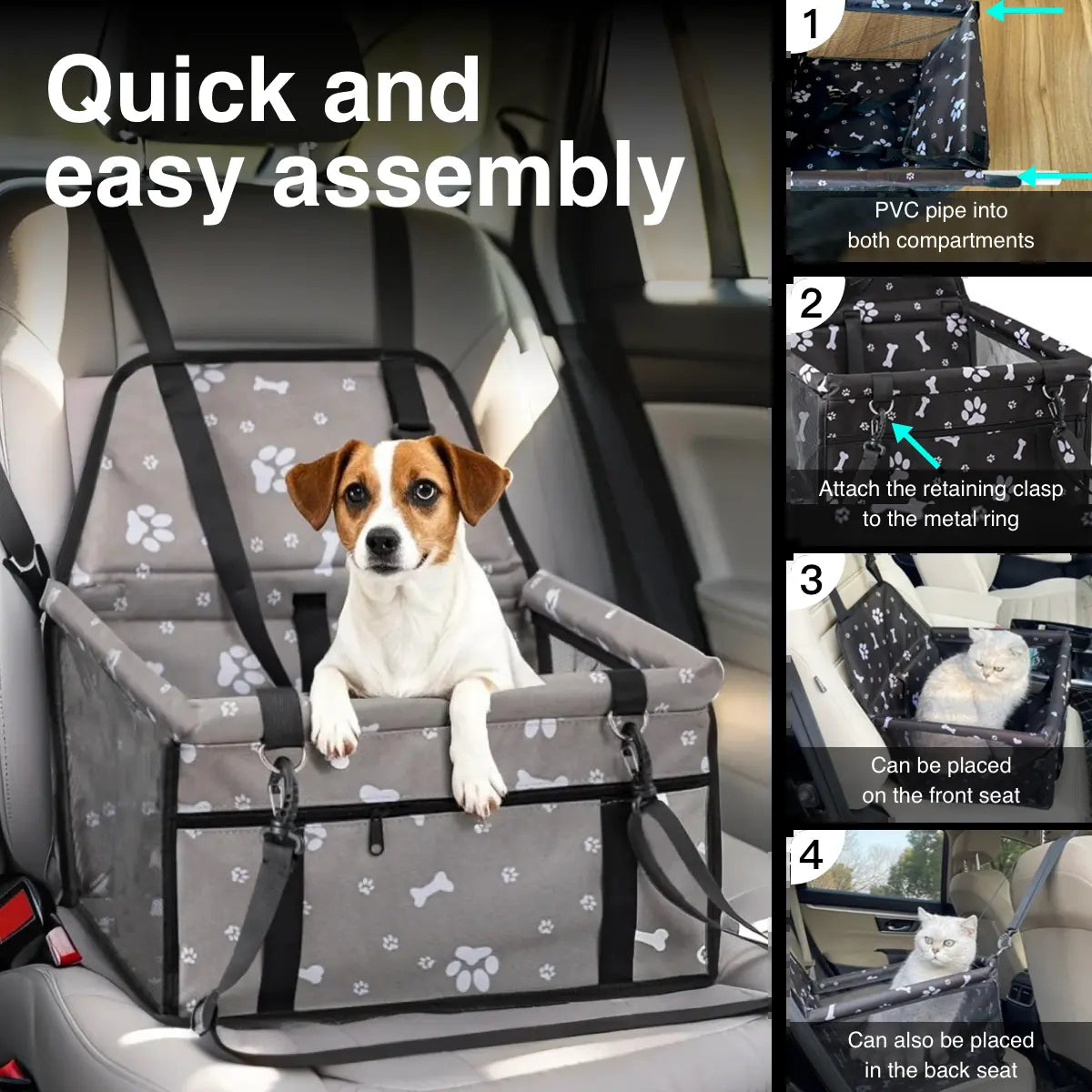 Pet Car Seat - Foldable Safety Booster for Cats and Dogs | Breathable, Easy-to-Clean Design with Spacious Interior | Compatible with Front and Back Seats, Effortless Assembly