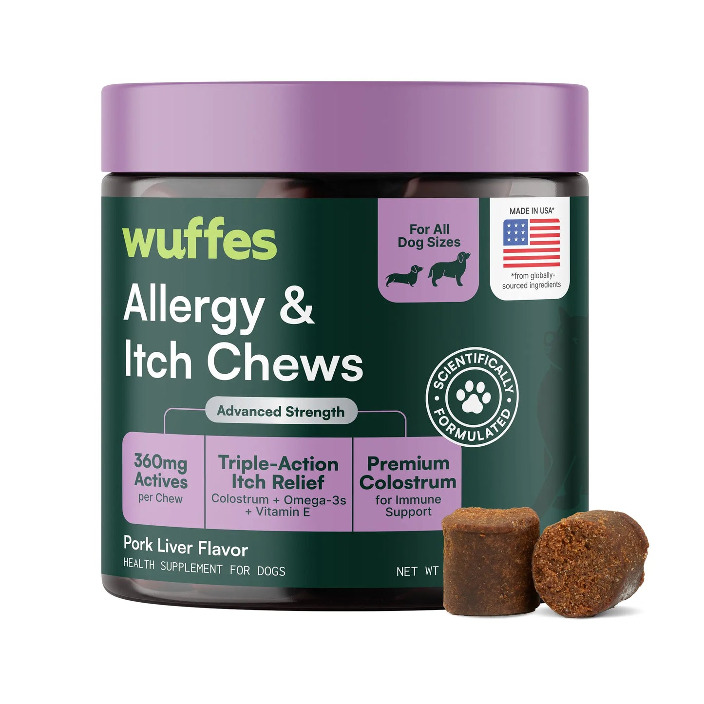 Wuffes Allergy & Itch Chews for Dogs - Skin & Immune Support Supplement for Seasonal Allergies & Itch Relief - All Breeds & Ages - MADE in USA -