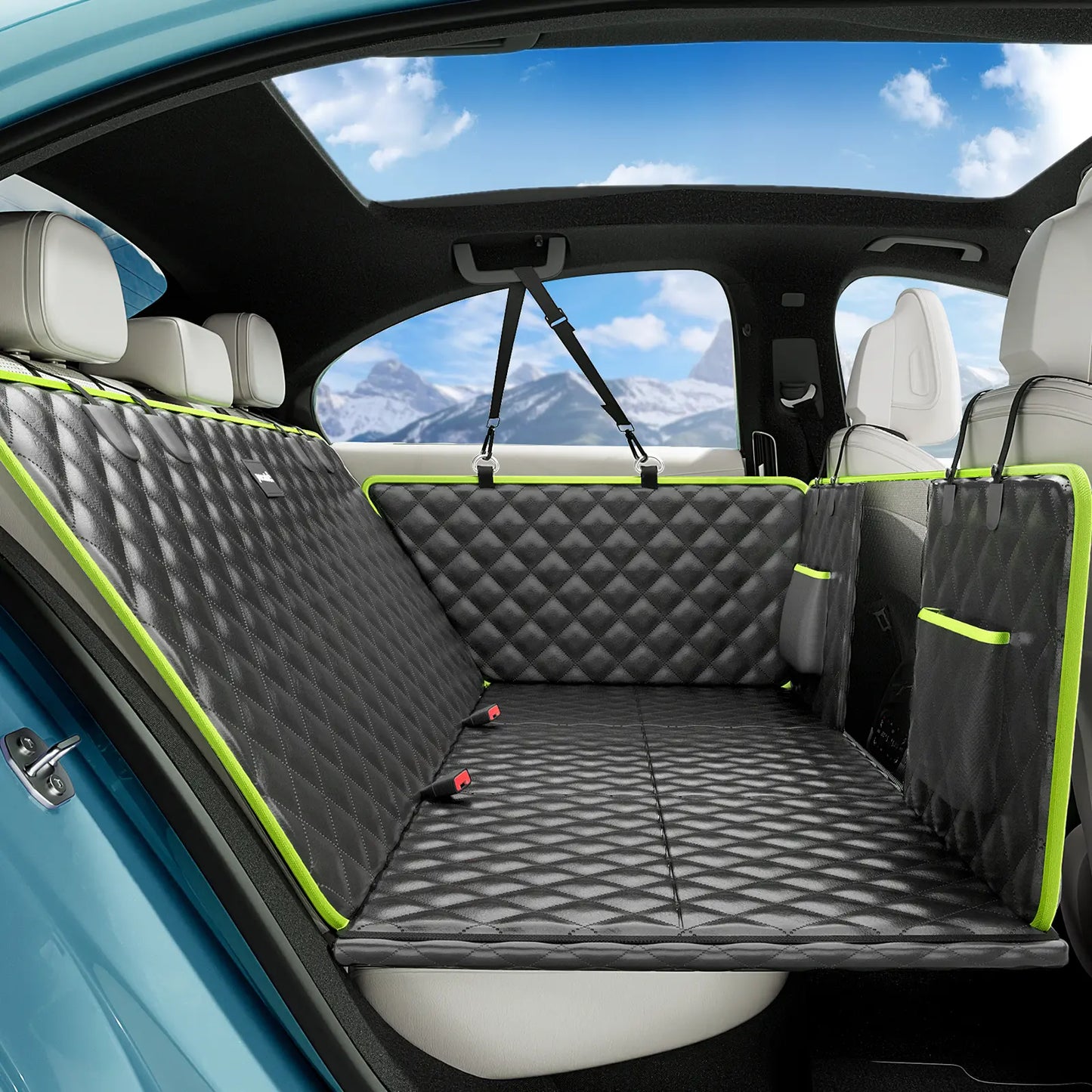 Pecute Waterproof Pet Car Seat Cover with Mesh Window and Storage Pocket, Non-Slip Hammock Design for Cars and Trucks, Easy to Install and Washable
