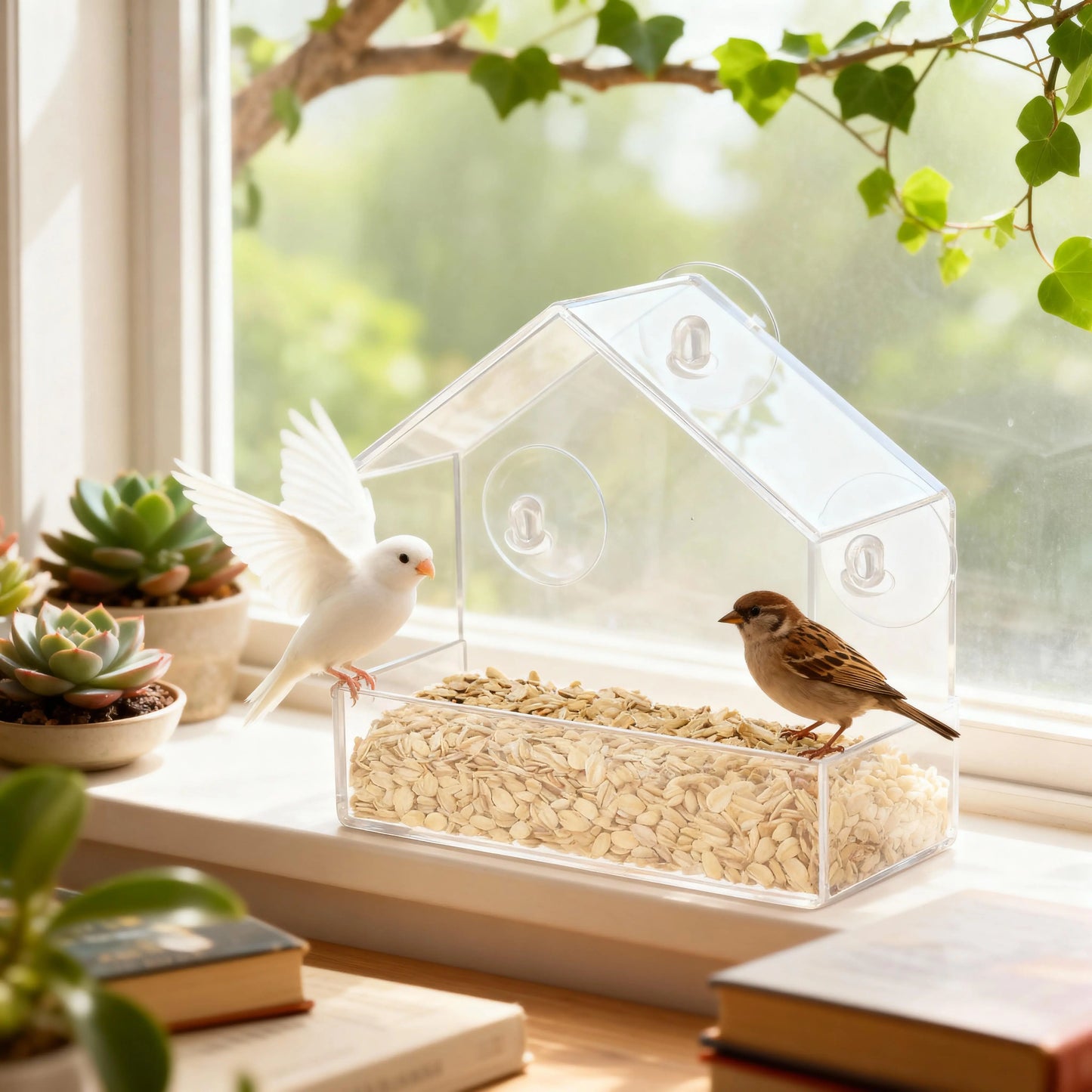 Premium Acrylic Window Bird Feeder with Suction Cups - Wall-Mounted, Easy-to-Clean Feeding Station for Small Birds, Ideal for Indoor and Outdoor Nature Exploration