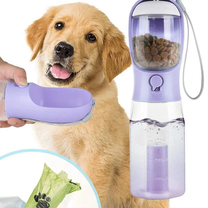 Portable Water Bottle for Dogs, 3 in 1 Pet Travel Bowl Dispenser with Food Treat Container & Poop Bag Holder, Summer Outdoor Walking Hiking Accessories for Large Dog on the Go - Blue, 20Oz#Summervibes