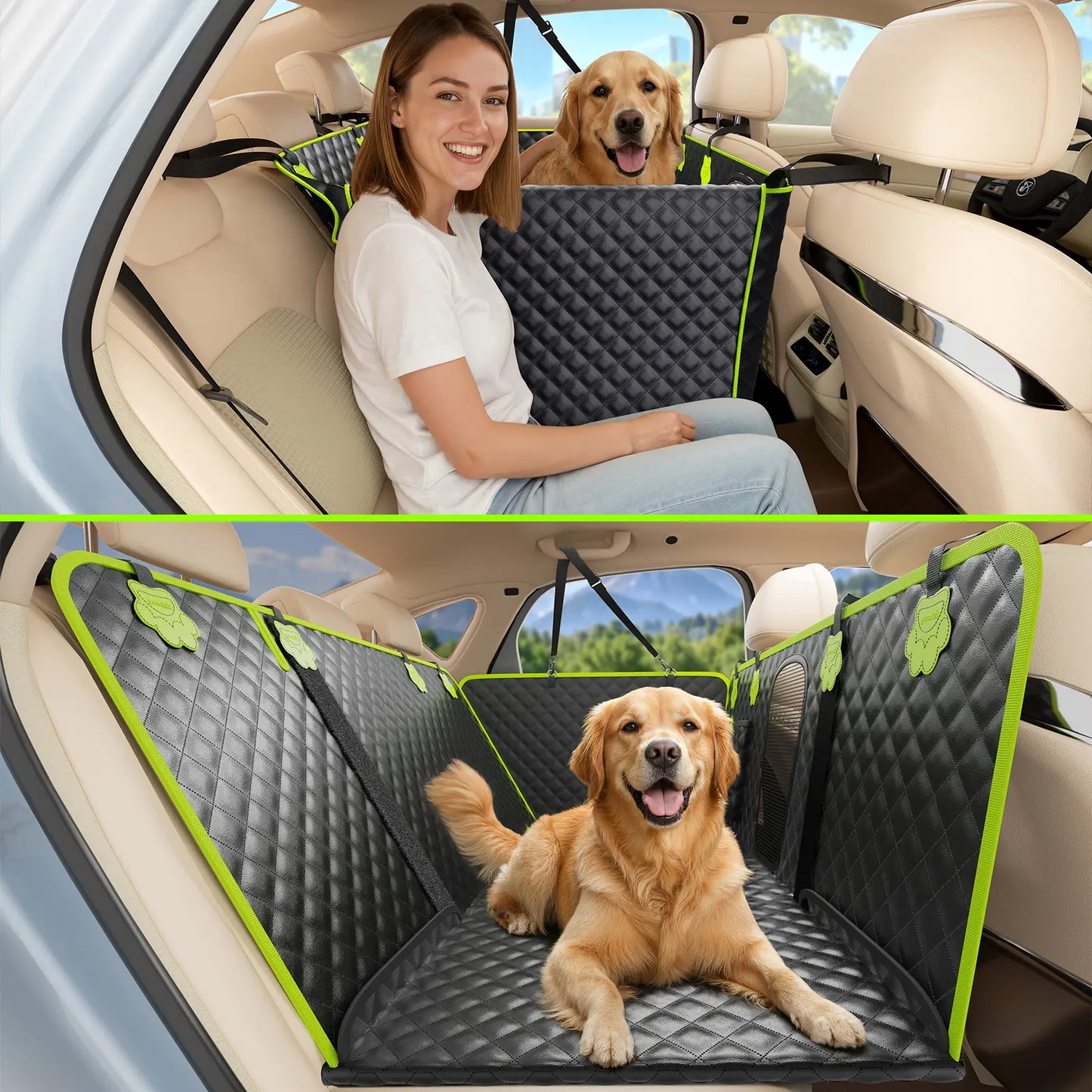 Pecute Waterproof Pet Car Seat Cover with Mesh Window and Storage Pocket, Non-Slip Hammock Design for Cars and Trucks, Easy to Install and Washable