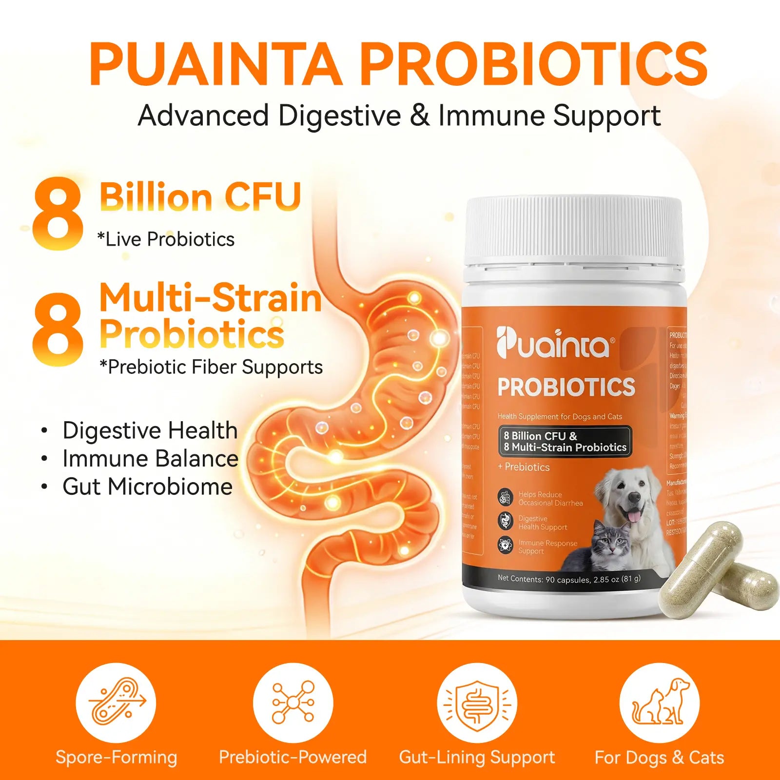 Puainta Probiotics for Dogs and Cats: 8 Billion CFU Digestive and Immune Support with Multi-Strain Spore-Forming Formula, Prebiotics, Gut-Lining Support, and Skin Health for Sensitive Stomachs