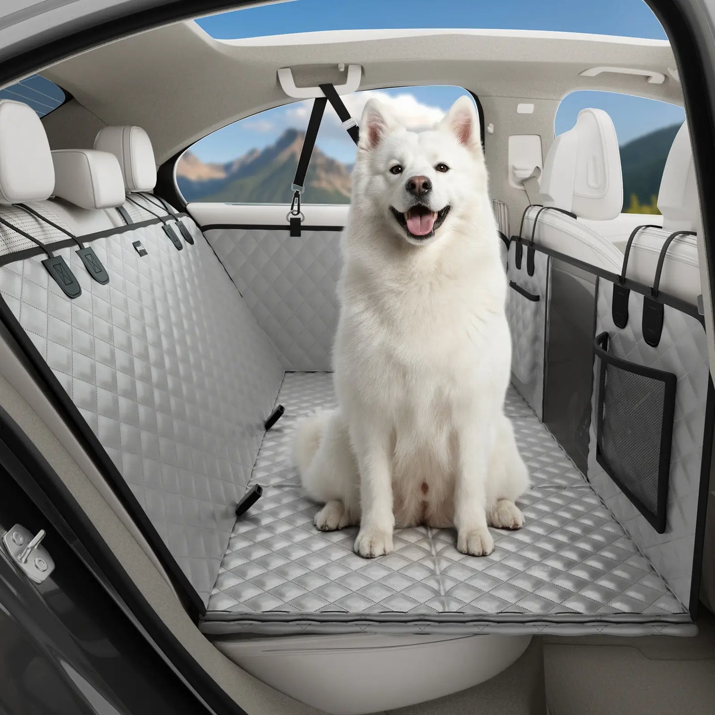 Pecute Waterproof Pet Car Seat Cover with Mesh Window and Storage Pocket, Non-Slip Hammock Design for Cars and Trucks, Easy to Install and Washable