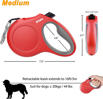 Retractable Dog Leash with Integrated Waste Bag Dispenser, 16 Ft Length for Medium Dogs and Cats up to 44 lbs, Anti-Slip Handle, Tangle-Free Design, Reflective Nylon (Medium, Red)