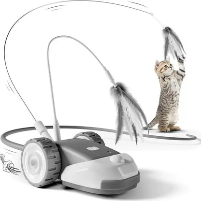 3-In-1 Interactive Cat Toy - 2-Speed Automatic Moving Mouse Cat Toys Self Play with 2Pcs Hanging Feather String Ribbon and Wiggly Silicone Mice Tail for Bored Indoor Adult Cats Kittens