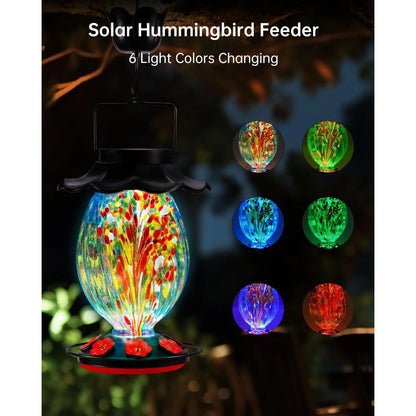 Solar Hummingbird Feeder - 49 Fl.Oz Hand Blown Glass Color Changing - 7 Feeding Ports with Perch - Never Leak - Hummingbird Feeder for Outdoors Hanging (Blue)