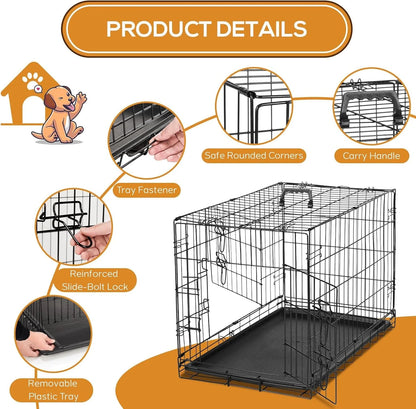 Dog Crate - 36 Inch Medium Double Door Portable Dog Cage, Metal Wire Pet Kennel with Secure Lock, Leak-Proof Pan Tray, Foldable Design for Dogs Pets Indoor Training and Outdoor Trave