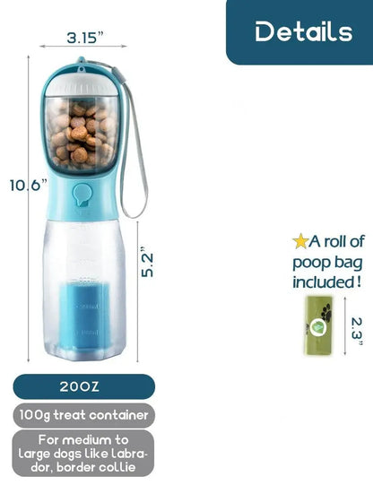 Portable Water Bottle for Dogs, 3 in 1 Pet Travel Bowl Dispenser with Food Treat Container & Poop Bag Holder, Summer Outdoor Walking Hiking Accessories for Large Dog on the Go - Blue, 20Oz#Summervibes