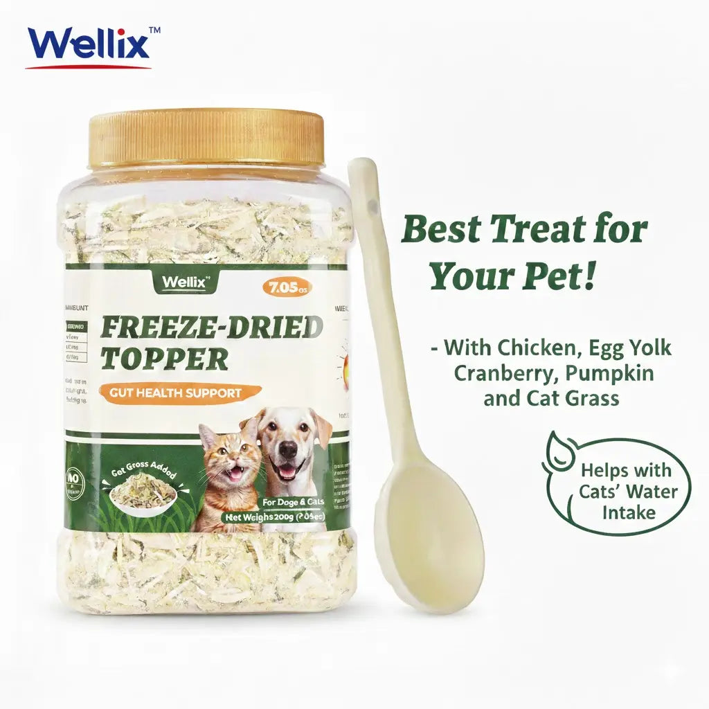 Wellix 7.5Oz Freeze-Dried Chicken Formula Cat Grass Food Topper for Cats and Dogs - Enriched with Egg Yolk and Cat Grass for Hairball Control and Gut Health - Low Calorie and Nutritious