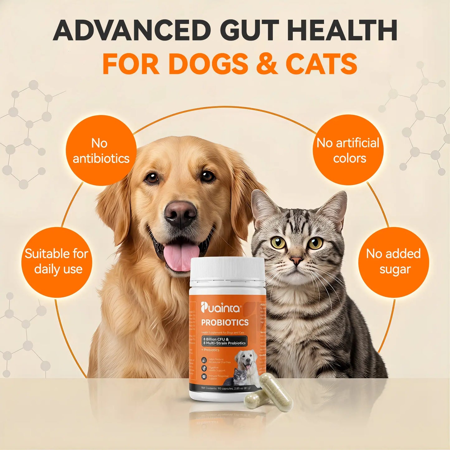 Puainta Probiotics for Dogs and Cats: 8 Billion CFU Digestive and Immune Support with Multi-Strain Spore-Forming Formula, Prebiotics, Gut-Lining Support, and Skin Health for Sensitive Stomachs