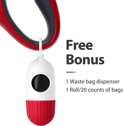 Retractable Dog Leash with Integrated Waste Bag Dispenser, 16 Ft Length for Medium Dogs and Cats up to 44 lbs, Anti-Slip Handle, Tangle-Free Design, Reflective Nylon (Medium, Red)