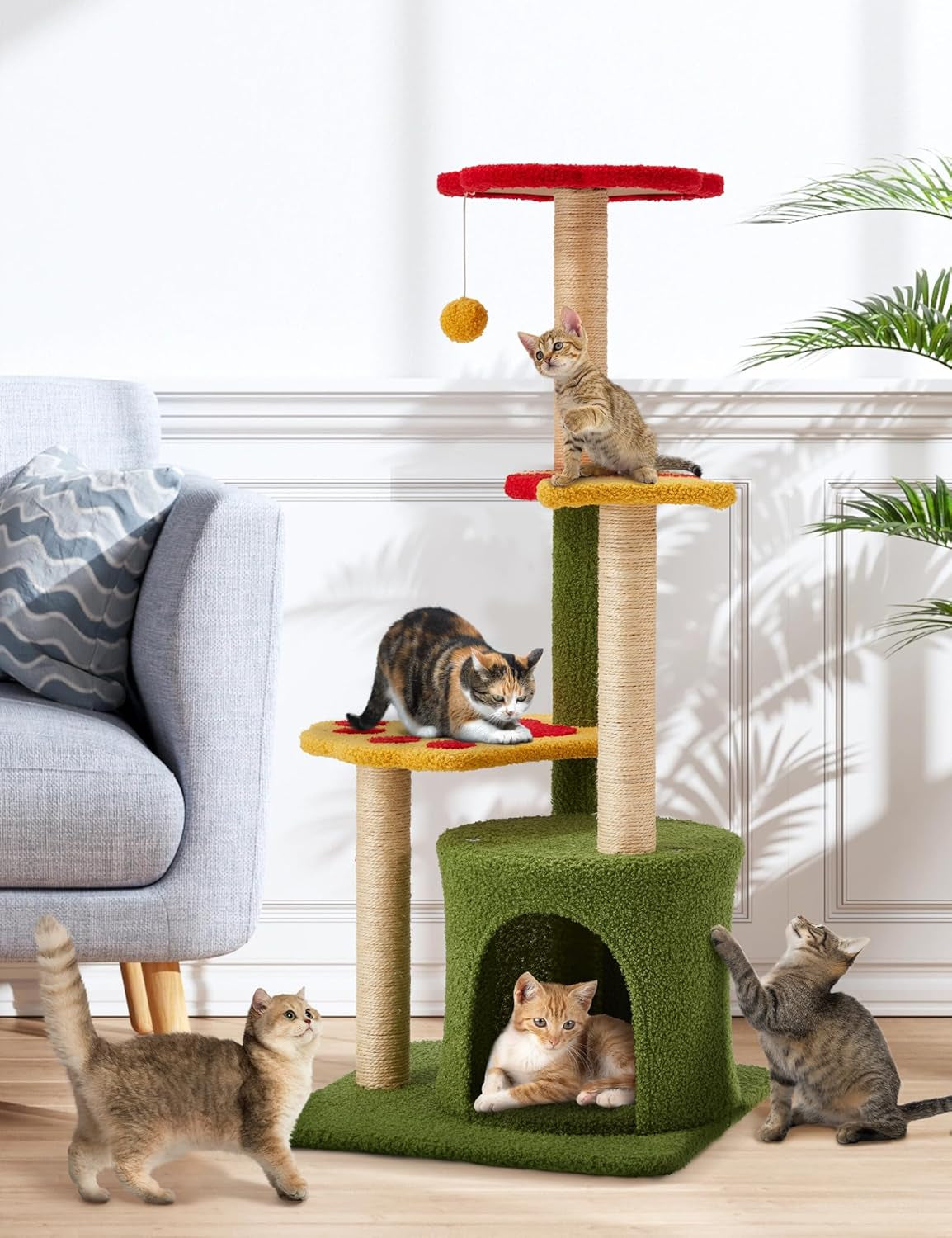 Elegant 37-Inch Indoor Flower Cat Tree Tower with Three Sisal-Covered Scratching Posts, Cozy Condo, and Padded Top Perch in Green