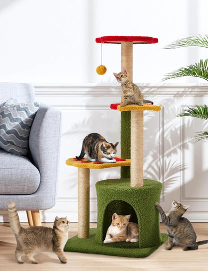 Elegant 37-Inch Indoor Flower Cat Tree Tower with Three Sisal-Covered Scratching Posts, Cozy Condo, and Padded Top Perch in Green
