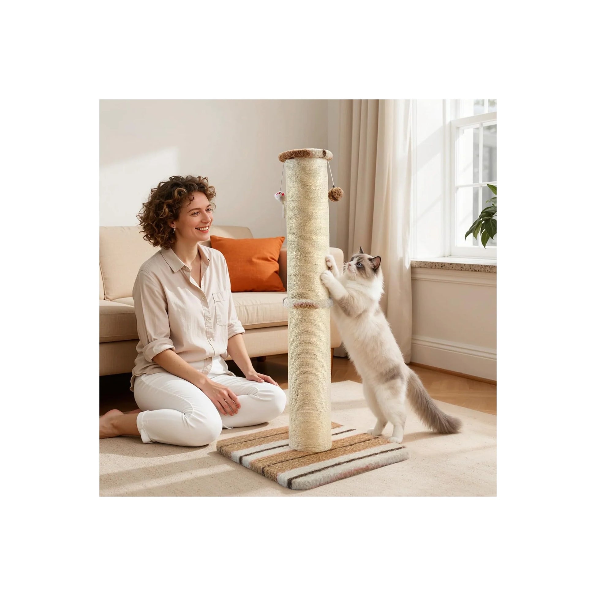 Professional 34-Inch Heavy-Duty Cat Scratching Post with Sisal Rope, Hanging Ball, and Toy Mice for Indoor Use