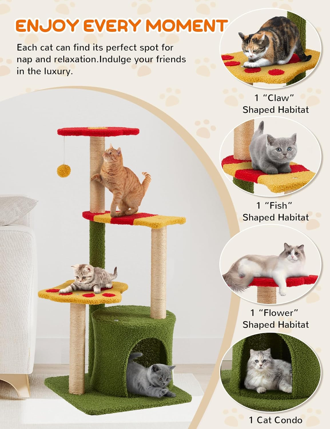 Elegant 37-Inch Indoor Flower Cat Tree Tower with Three Sisal-Covered Scratching Posts, Cozy Condo, and Padded Top Perch in Green