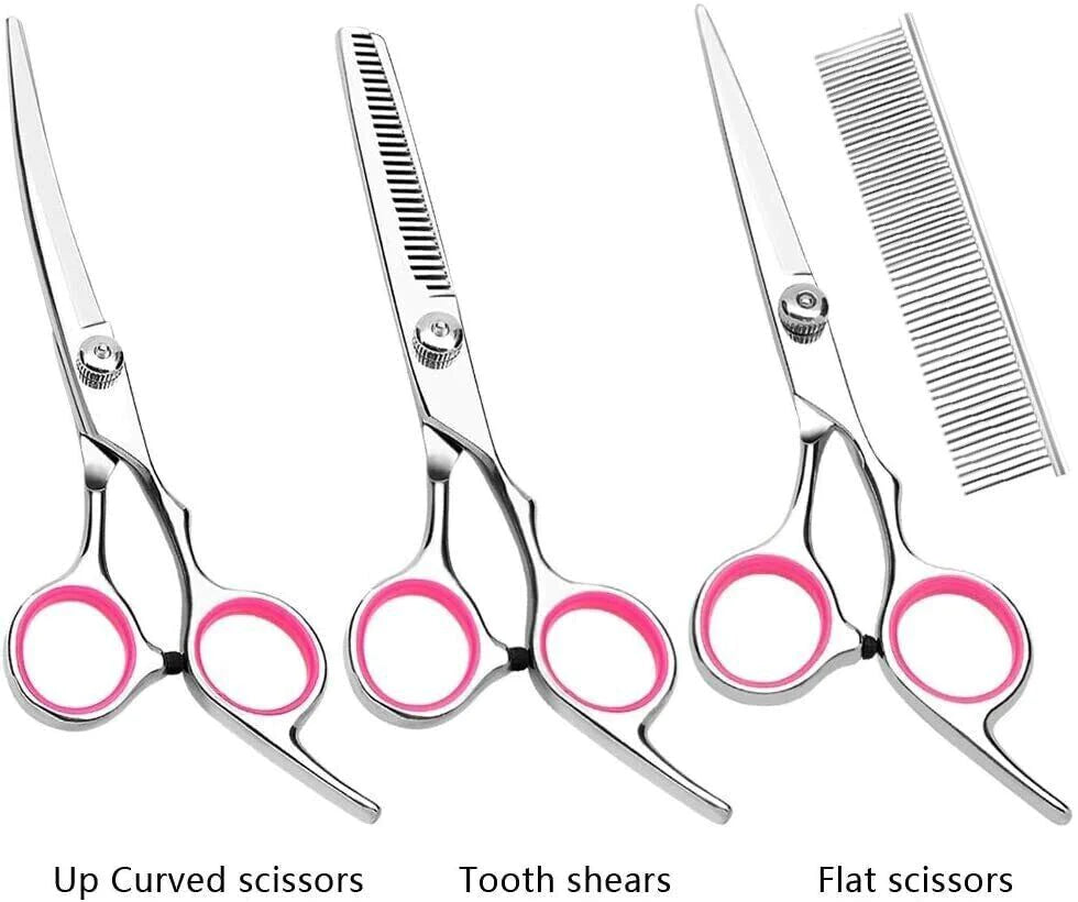 Professional Dog Grooming Scissors Set - Stainless Steel Straight, Curved, and Thinning Shears Kit