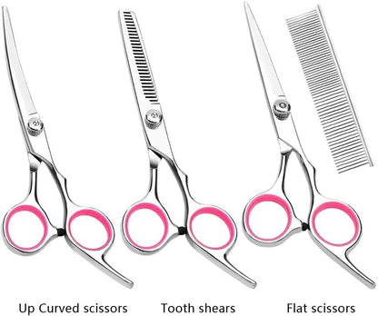 Professional Dog Grooming Scissors Set - Stainless Steel Straight, Curved, and Thinning Shears Kit