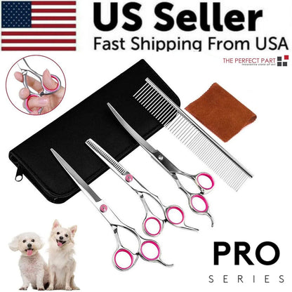 Professional Dog Grooming Scissors Set - Stainless Steel Straight, Curved, and Thinning Shears Kit