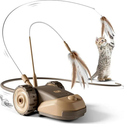 3-In-1 Interactive Cat Toy - 2-Speed Automatic Moving Mouse Cat Toys Self Play with 2Pcs Hanging Feather String Ribbon and Wiggly Silicone Mice Tail for Bored Indoor Adult Cats Kittens