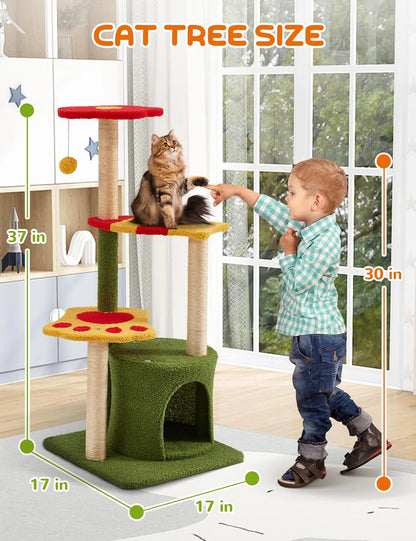 Elegant 37-Inch Indoor Flower Cat Tree Tower with Three Sisal-Covered Scratching Posts, Cozy Condo, and Padded Top Perch in Green