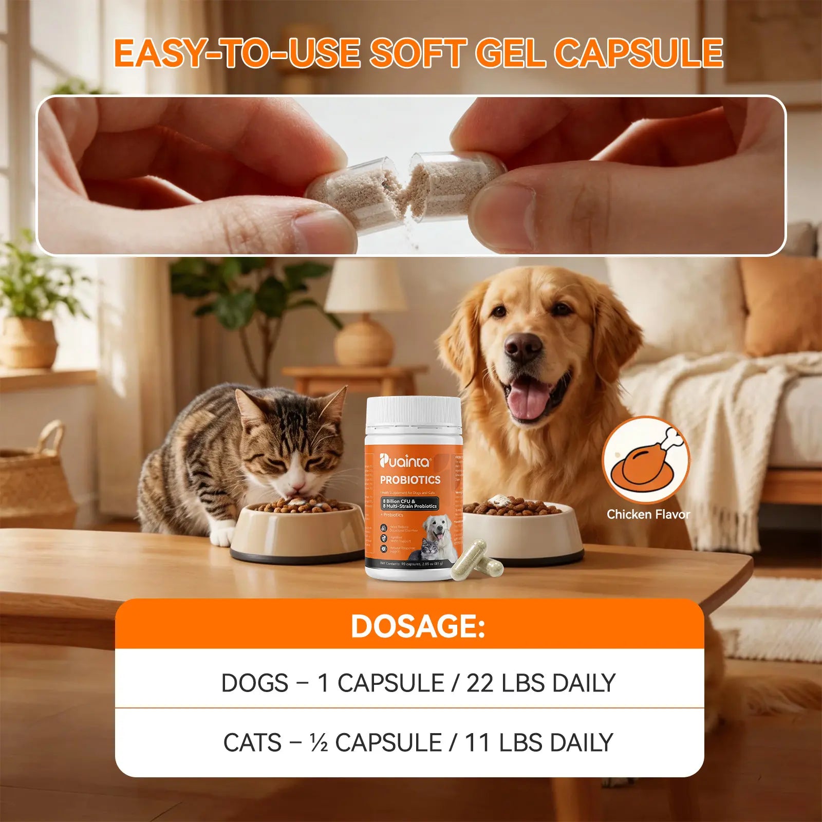 Puainta Probiotics for Dogs and Cats: 8 Billion CFU Digestive and Immune Support with Multi-Strain Spore-Forming Formula, Prebiotics, Gut-Lining Support, and Skin Health for Sensitive Stomachs
