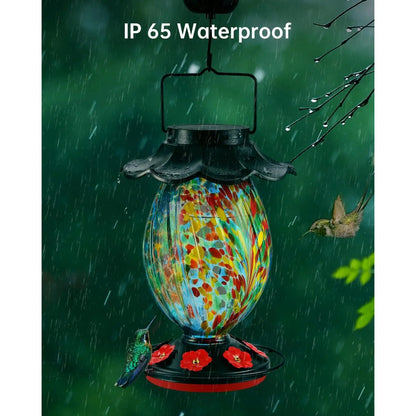 Solar Hummingbird Feeder - 49 Fl.Oz Hand Blown Glass Color Changing - 7 Feeding Ports with Perch - Never Leak - Hummingbird Feeder for Outdoors Hanging (Blue)