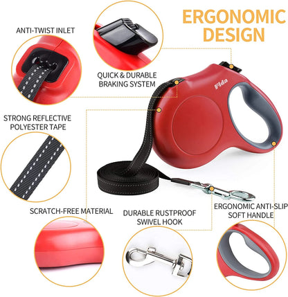Retractable Dog Leash with Integrated Waste Bag Dispenser, 16 Ft Length for Medium Dogs and Cats up to 44 lbs, Anti-Slip Handle, Tangle-Free Design, Reflective Nylon (Medium, Red)