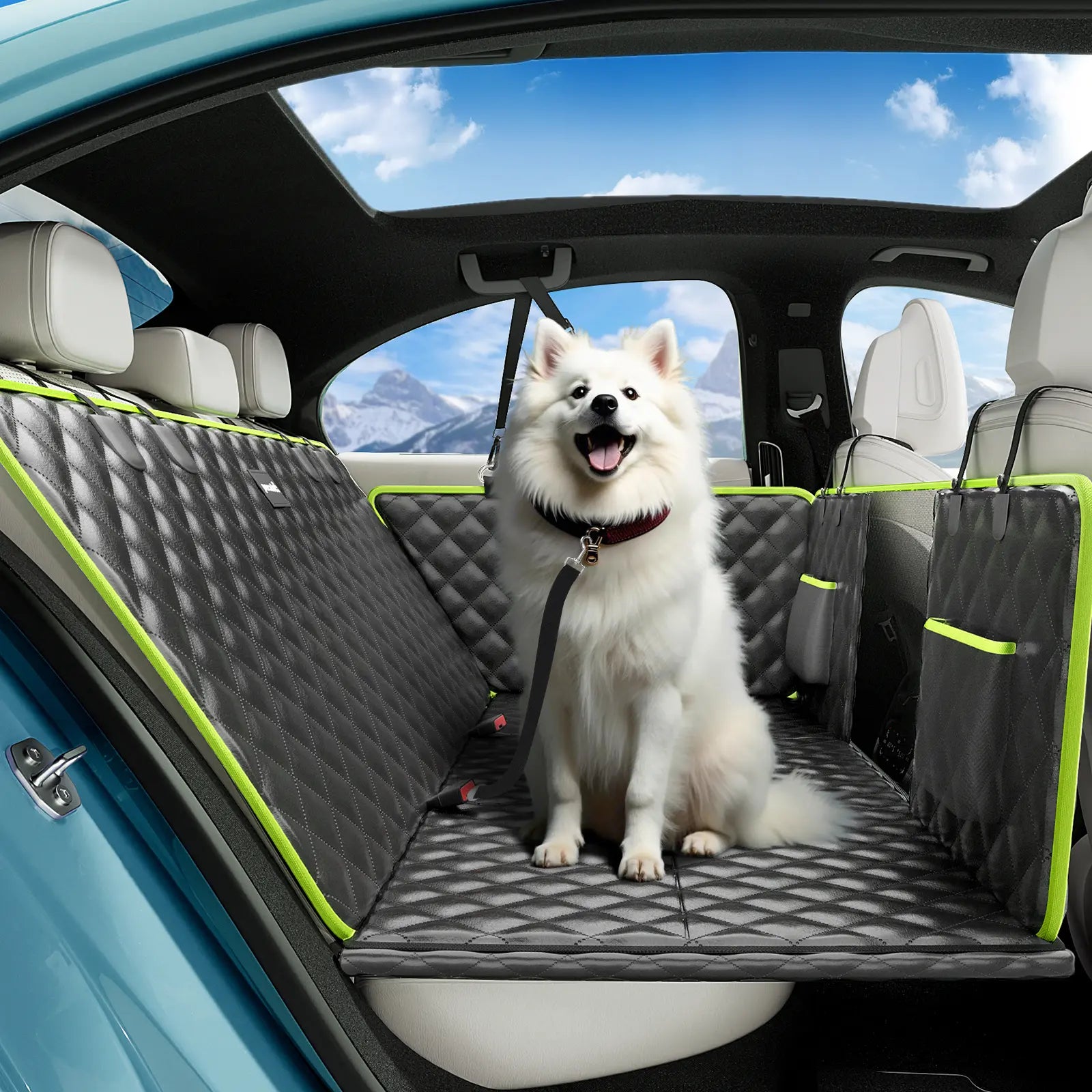 Pecute Waterproof Pet Car Seat Cover with Mesh Window and Storage Pocket, Non-Slip Hammock Design for Cars and Trucks, Easy to Install and Washable