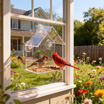Premium Acrylic Window Bird Feeder with Suction Cups - Wall-Mounted, Easy-to-Clean Feeding Station for Small Birds, Ideal for Indoor and Outdoor Nature Exploration