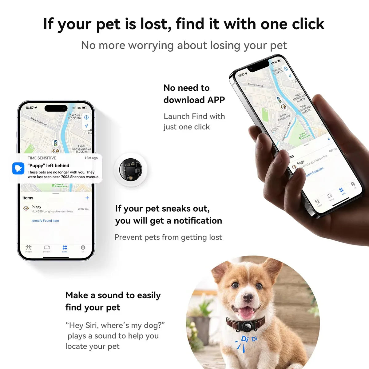 GPS Pet Tracker – No Monthly Fees, Compatible with Apple Find My for Dogs and Cats