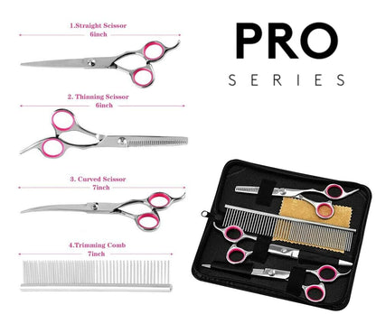 Professional Dog Grooming Scissors Set - Stainless Steel Straight, Curved, and Thinning Shears Kit