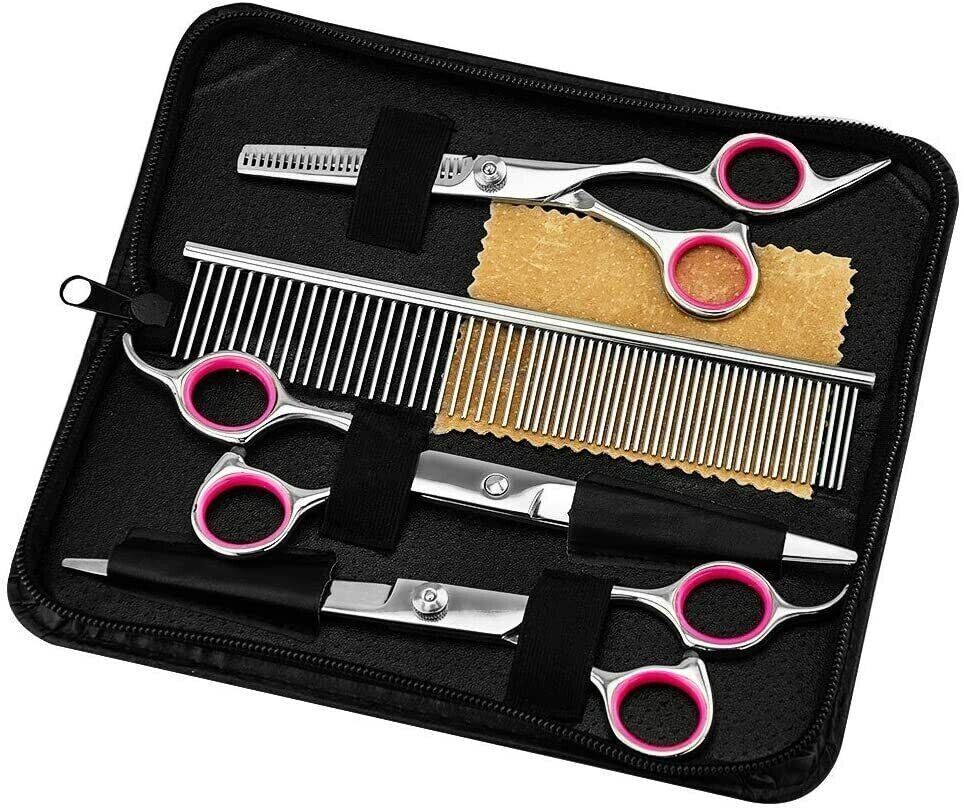 Professional Dog Grooming Scissors Set - Stainless Steel Straight, Curved, and Thinning Shears Kit