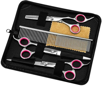 Professional Dog Grooming Scissors Set - Stainless Steel Straight, Curved, and Thinning Shears Kit