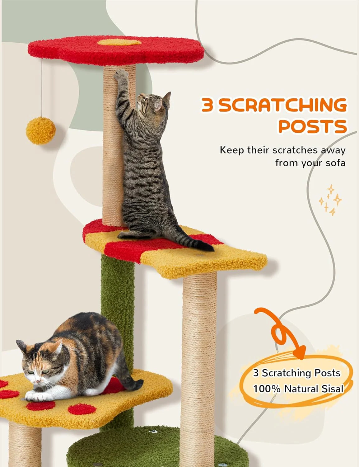 Elegant 37-Inch Indoor Flower Cat Tree Tower with Three Sisal-Covered Scratching Posts, Cozy Condo, and Padded Top Perch in Green