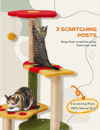 Elegant 37-Inch Indoor Flower Cat Tree Tower with Three Sisal-Covered Scratching Posts, Cozy Condo, and Padded Top Perch in Green