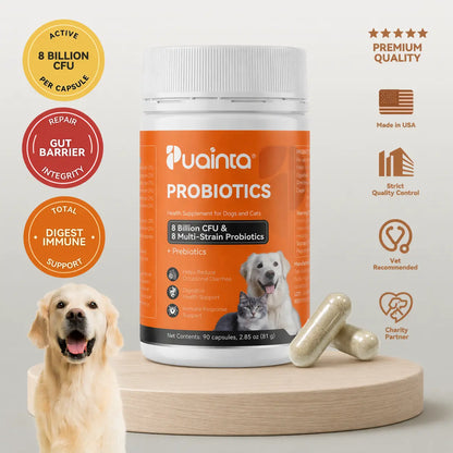 Puainta Probiotics for Dogs and Cats: 8 Billion CFU Digestive and Immune Support with Multi-Strain Spore-Forming Formula, Prebiotics, Gut-Lining Support, and Skin Health for Sensitive Stomachs