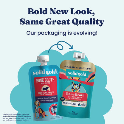 Solid Gold Bone Broth Beef Topper for Dogs - Nutrient-Rich Flavor with Turmeric for Picky Eaters - Made in USA - 12 Pouches