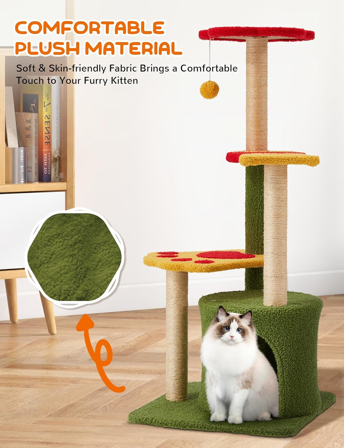 Elegant 37-Inch Indoor Flower Cat Tree Tower with Three Sisal-Covered Scratching Posts, Cozy Condo, and Padded Top Perch in Green