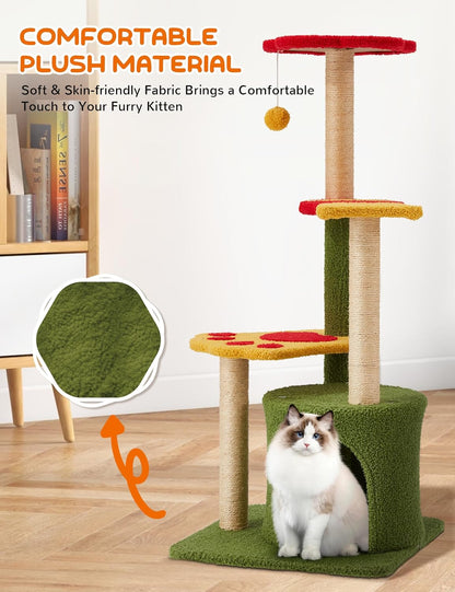 Elegant 37-Inch Indoor Flower Cat Tree Tower with Three Sisal-Covered Scratching Posts, Cozy Condo, and Padded Top Perch in Green
