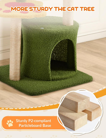 Elegant 37-Inch Indoor Flower Cat Tree Tower with Three Sisal-Covered Scratching Posts, Cozy Condo, and Padded Top Perch in Green
