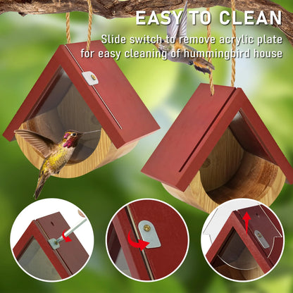 2 Pack Hummingbird House, Window View Wooden Bird Houses for outside Hummingbird Houses for Nesting, Hanging Chickadee House for Indoor Outdoor with Hemp Ropes,Summervibes