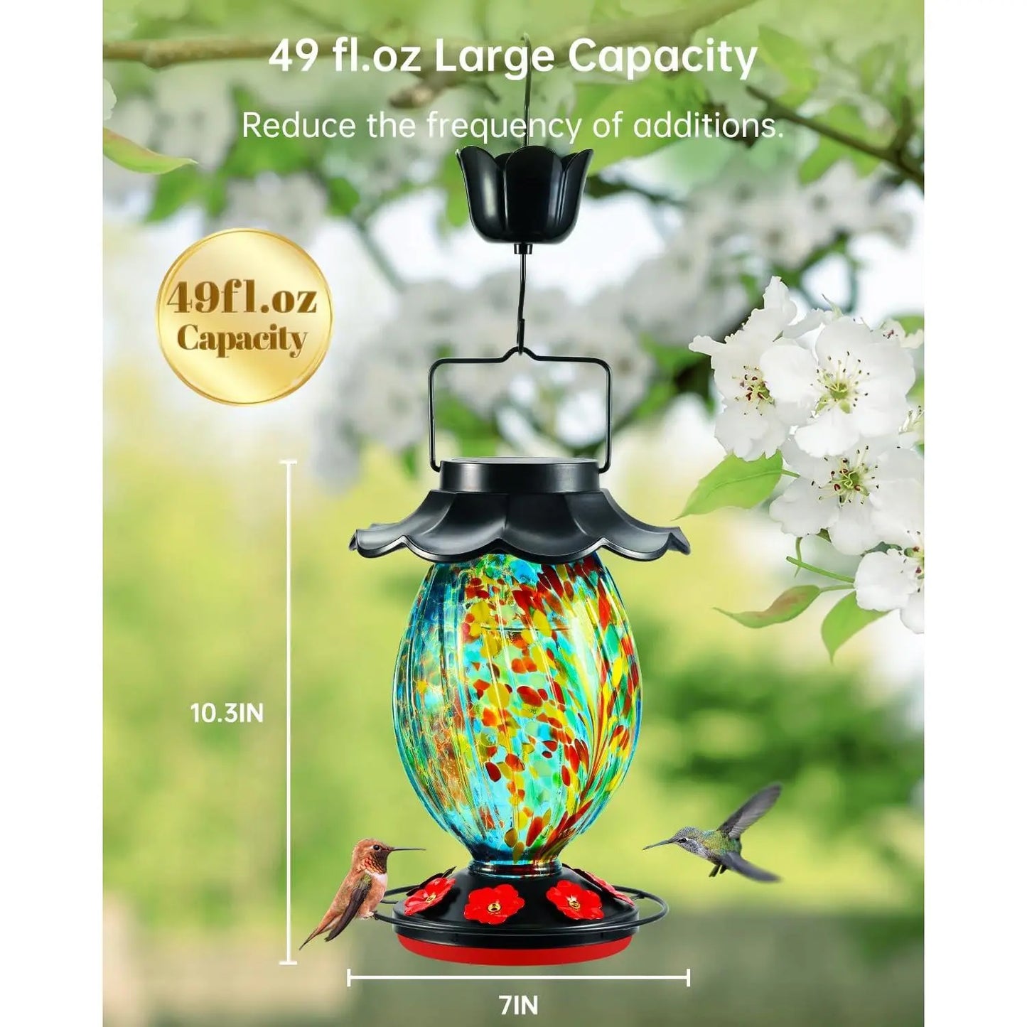 Solar Hummingbird Feeder - 49 Fl.Oz Hand Blown Glass Color Changing - 7 Feeding Ports with Perch - Never Leak - Hummingbird Feeder for Outdoors Hanging (Blue)