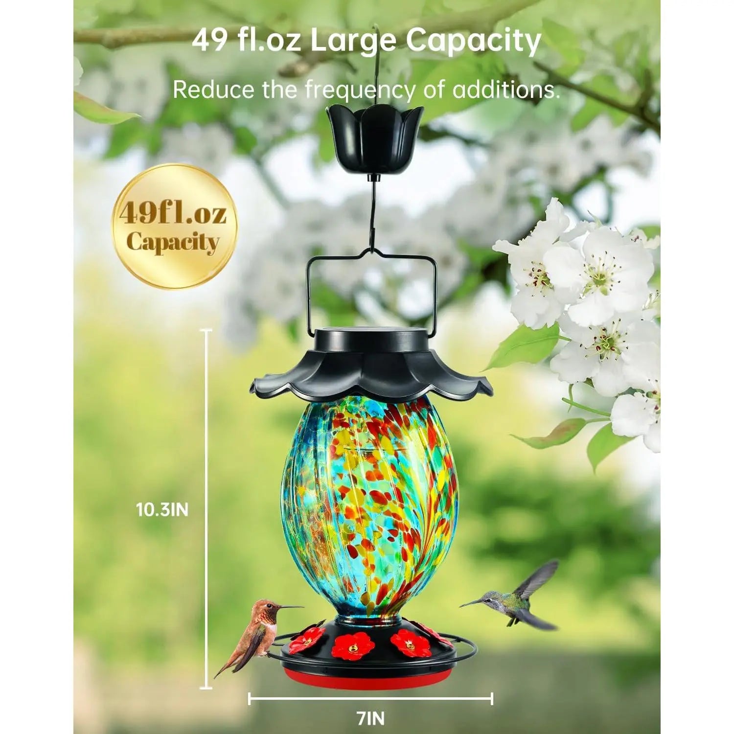 Solar Hummingbird Feeder - 49 Fl.Oz Hand Blown Glass Color Changing - 7 Feeding Ports with Perch - Never Leak - Hummingbird Feeder for Outdoors Hanging (Blue)