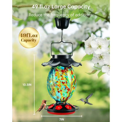 Solar Hummingbird Feeder - 49 Fl.Oz Hand Blown Glass Color Changing - 7 Feeding Ports with Perch - Never Leak - Hummingbird Feeder for Outdoors Hanging (Blue)