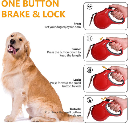 Retractable Dog Leash with Integrated Waste Bag Dispenser, 16 Ft Length for Medium Dogs and Cats up to 44 lbs, Anti-Slip Handle, Tangle-Free Design, Reflective Nylon (Medium, Red)