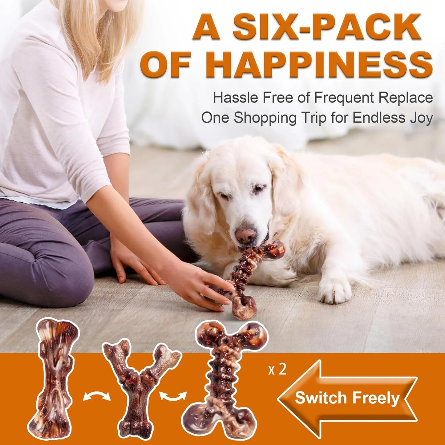 6-Pack Heavy Duty Nylon Dog Chew Toys for Medium Large Dogs, Bacon Flavor, Pure Nylon for Aggressive Chewers, Reduces Boredom, Varied Shapes, Designed for 25-80 Lbs Breed Sizes